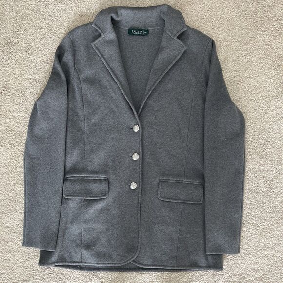 Lauren Ralph Sweater Blazer Womens Large Gray Knit Combed Cotton Crest Button - Picture 1 of 6